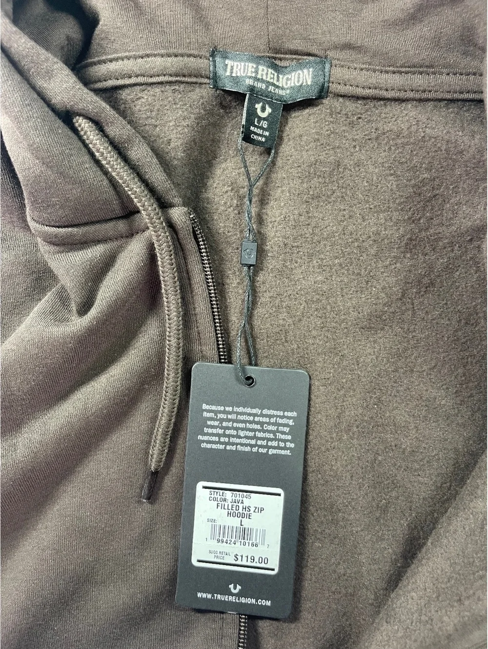 True Religion Filled HS Zip Hoodie Java Brown Large